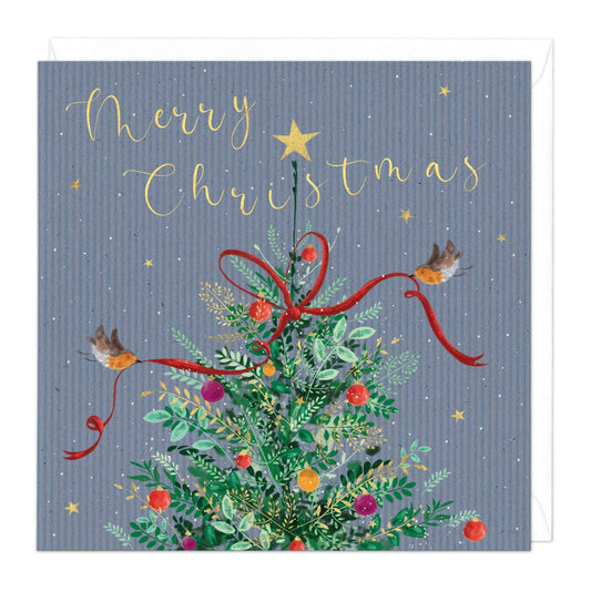 Merry Christmas Tree with Robins Card – Festive Greeting
