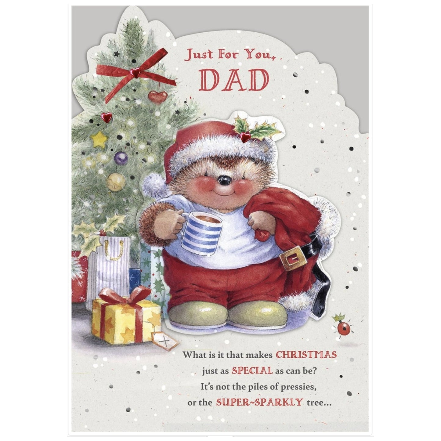 Christmas card for Dad with a child in a Santa hat and coat holding a cup, Christmas tree, and presents.