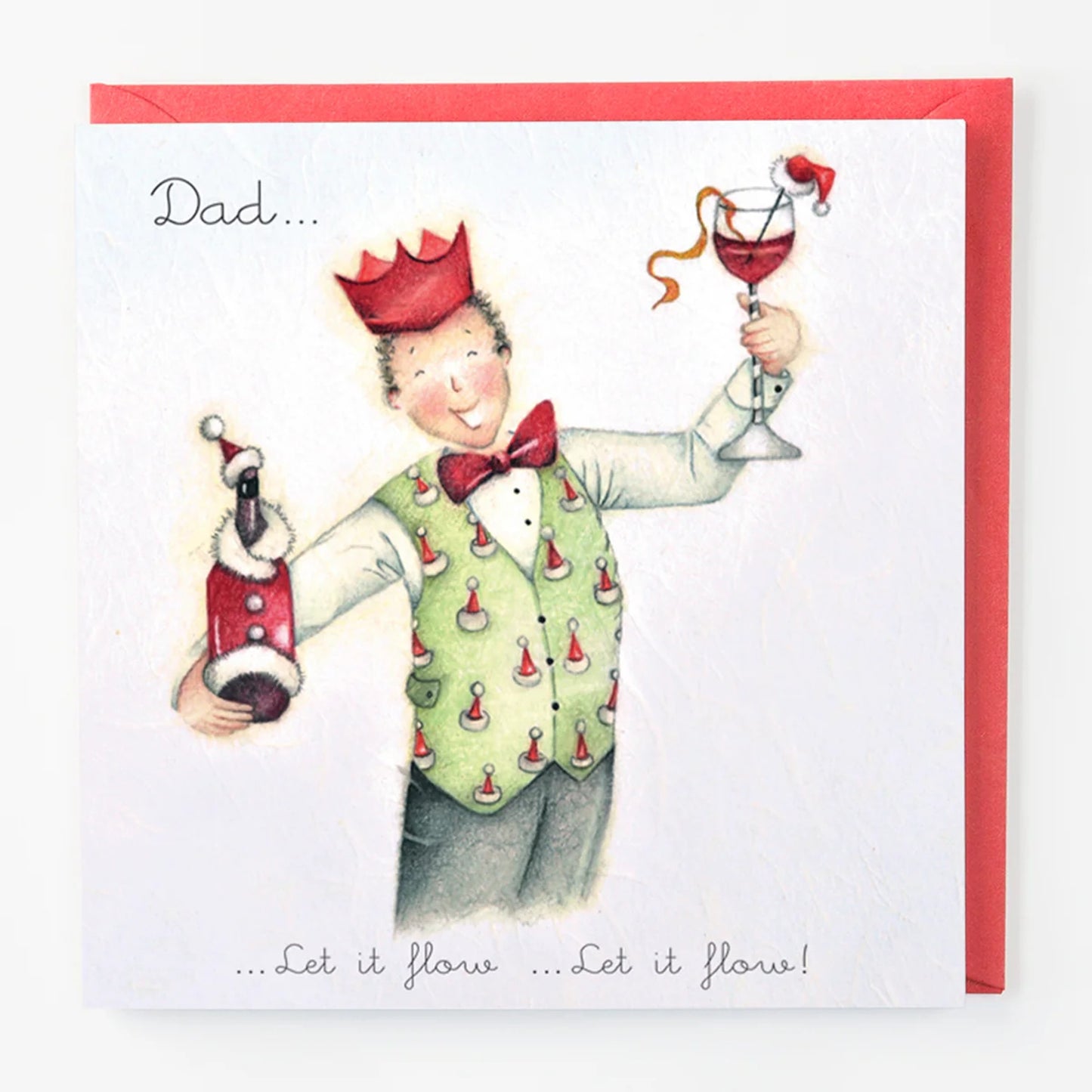 Card with illustration of a man in festive attire holding a bottle and glass, with text 'Dad.