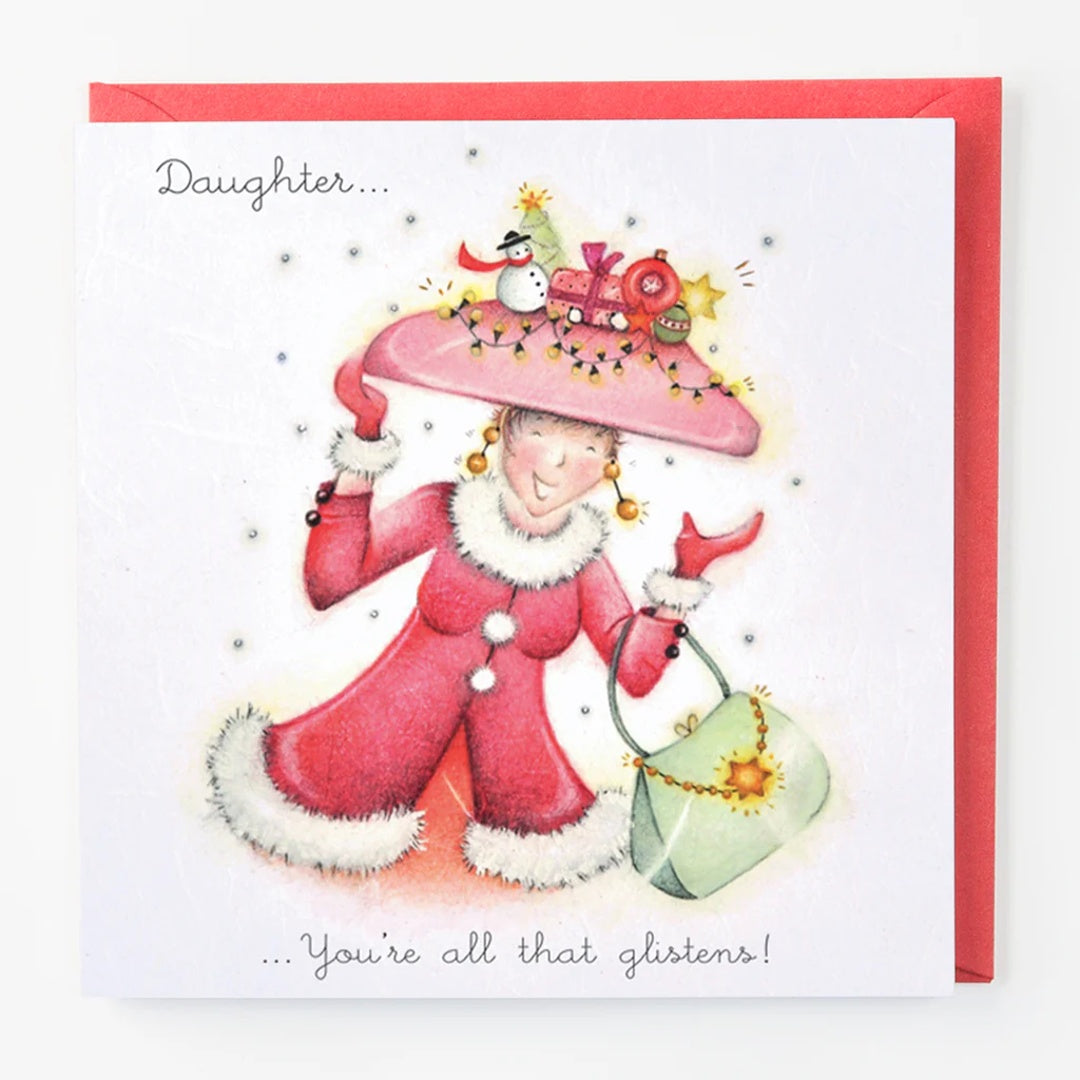 Greeting card with a festive illustration of a person in a pink outfit and hat, holding a green bag.