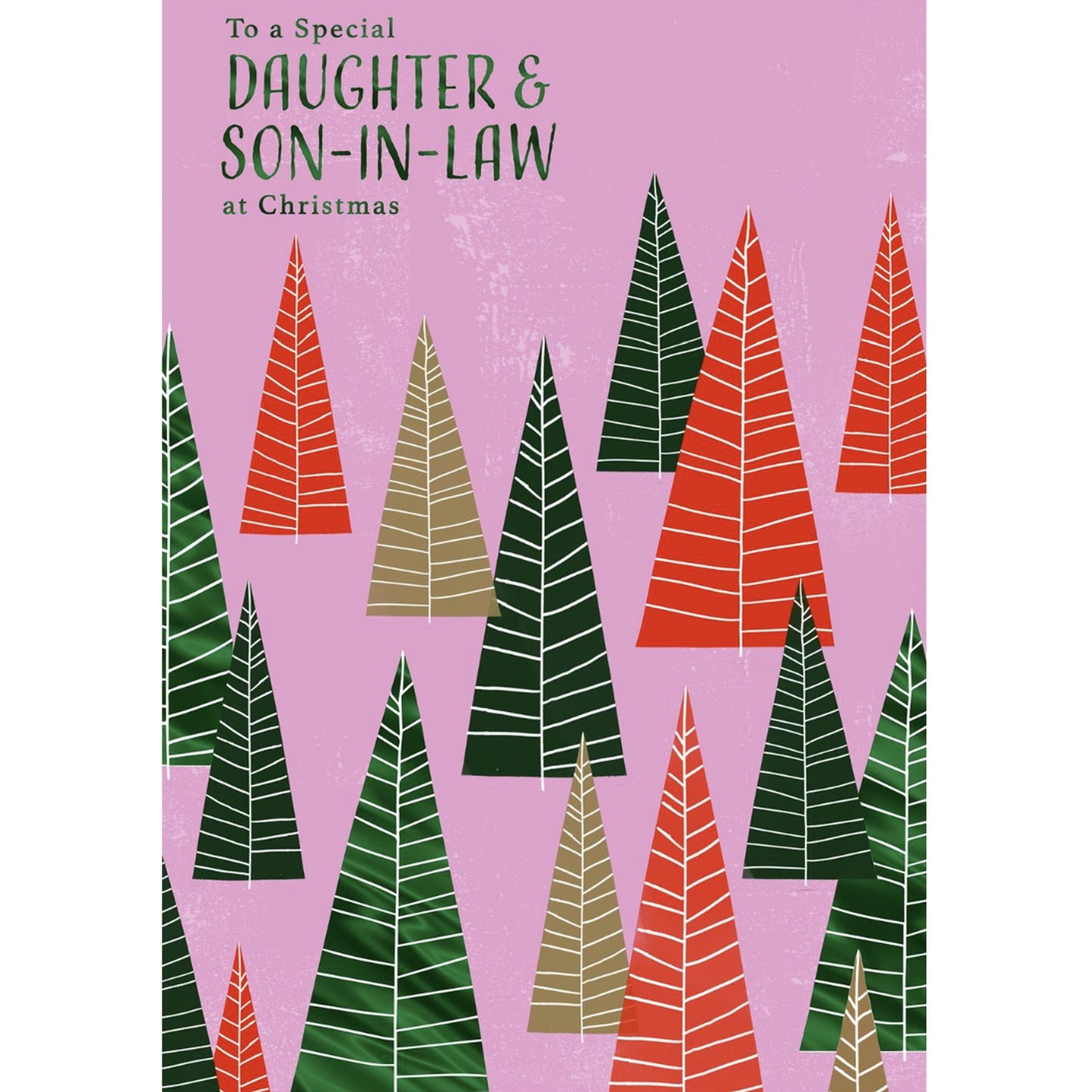 Greeting card with Christmas tree design and text for a daughter and son-in-law on a pink background