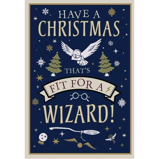 Christmas-themed poster with text 'Have a Christmas that's fit for a wizard!' featuring an owl, trees, and a broomstick on a blue background.
