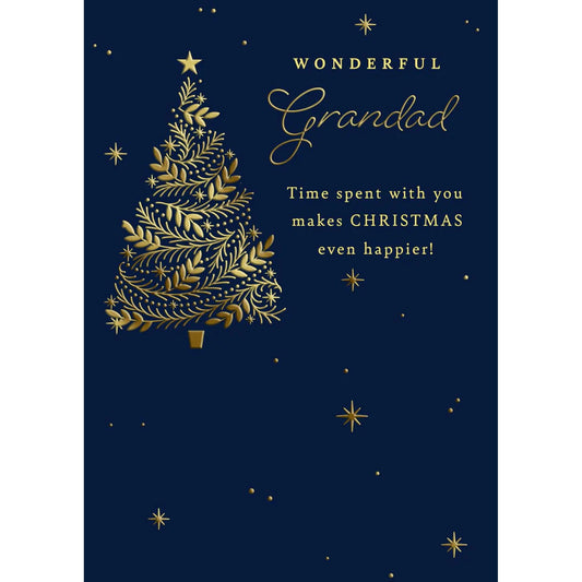 Greeting card with gold Christmas tree design and text on a dark blue background