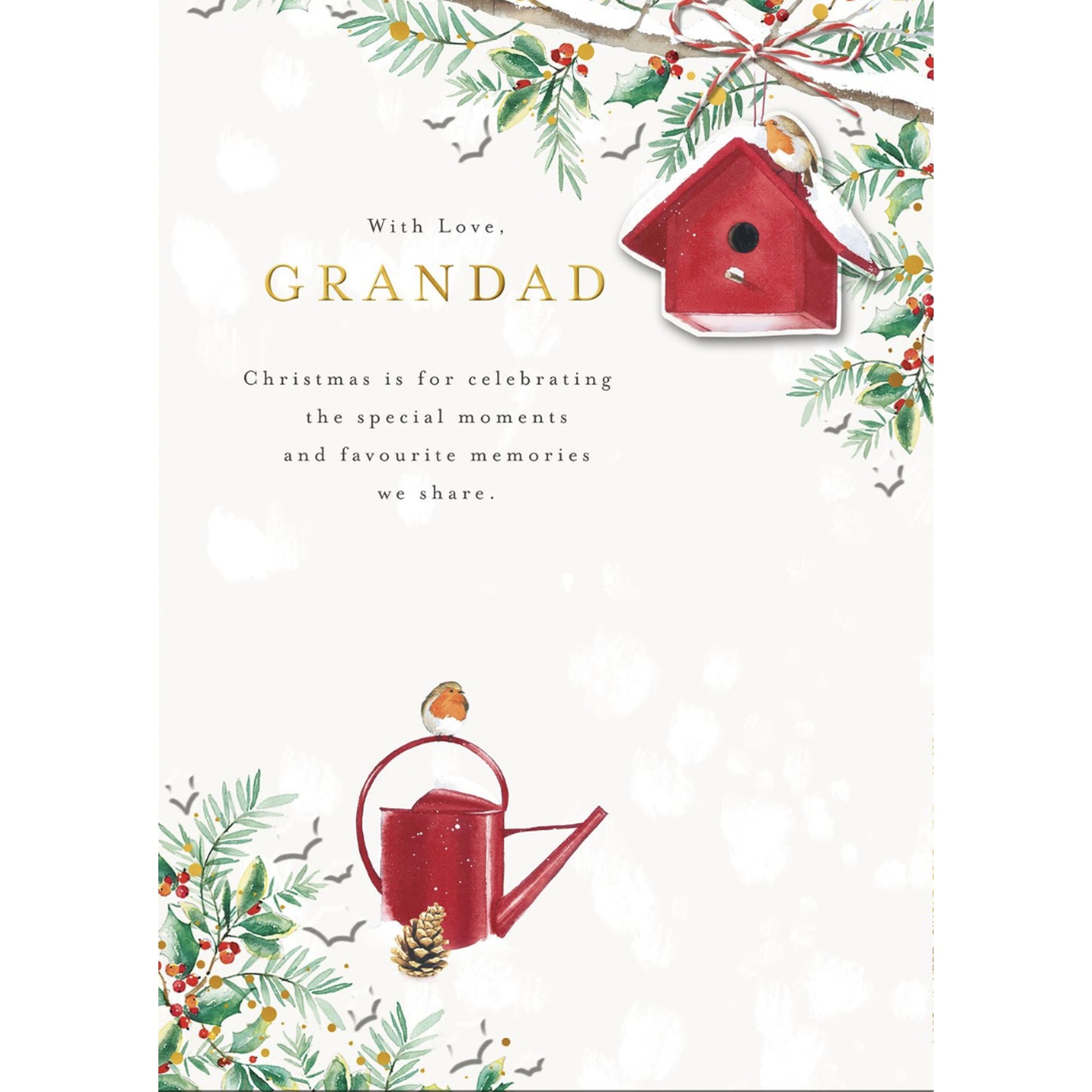Christmas card with red birdhouse and watering can, surrounded by festive illustrations on a white background.