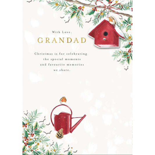 Christmas card with red birdhouse and watering can, surrounded by festive illustrations on a white background.