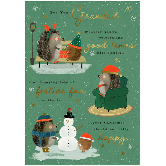 Christmas card with hedgehogs and a snowman on a green background