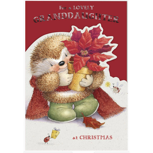 Christmas card with a hedgehog holding a poinsettia and bell, text 'For a lovely granddaughter at Christmas' on a red background.
