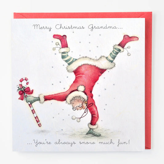 Christmas card with a person in a red outfit doing a handstand, holding a candy cane, with text 'Merry Christmas Grandma.