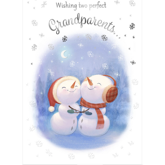 Card with two snowmen hugging under a starry sky, wishing 'two perfect grandparents'.