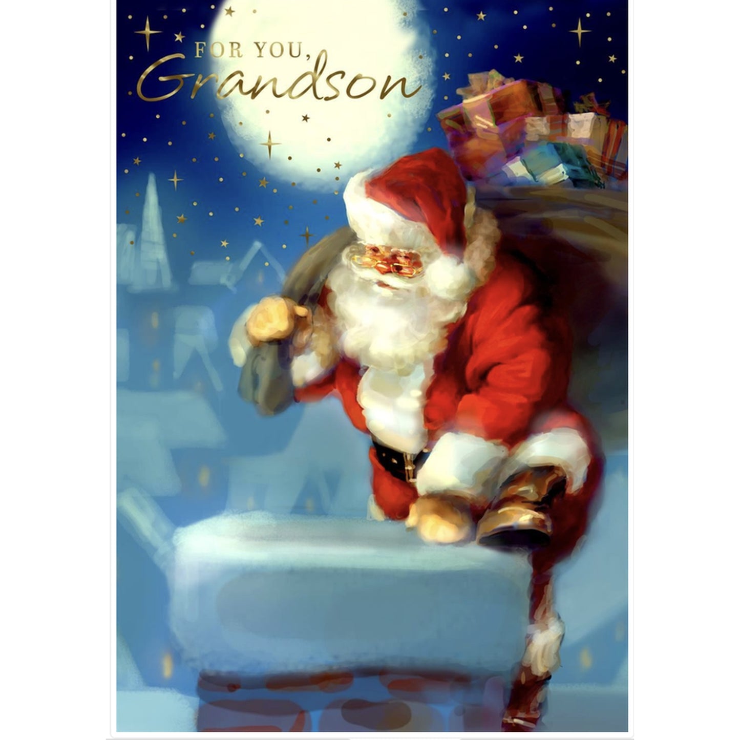 Christmas card with Santa Claus sitting on a chimney, holding a sack of gifts, with 'For You, Grandson' text.