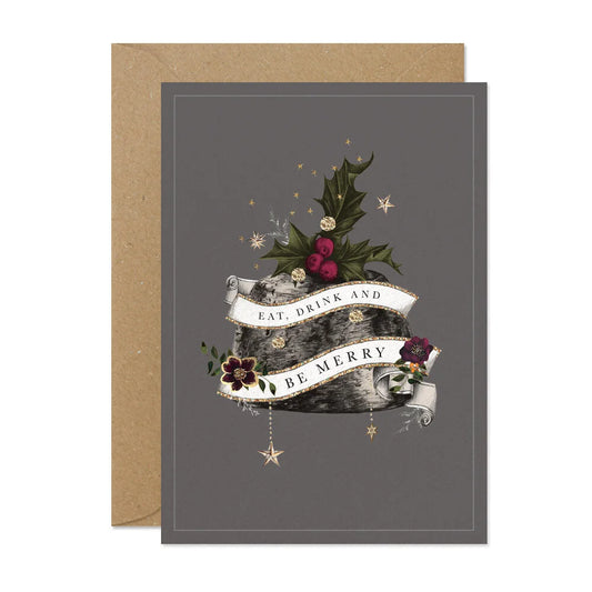 Greeting card with Christmas tree design and 'Eat, Drink and Be Merry' text on a gray background.