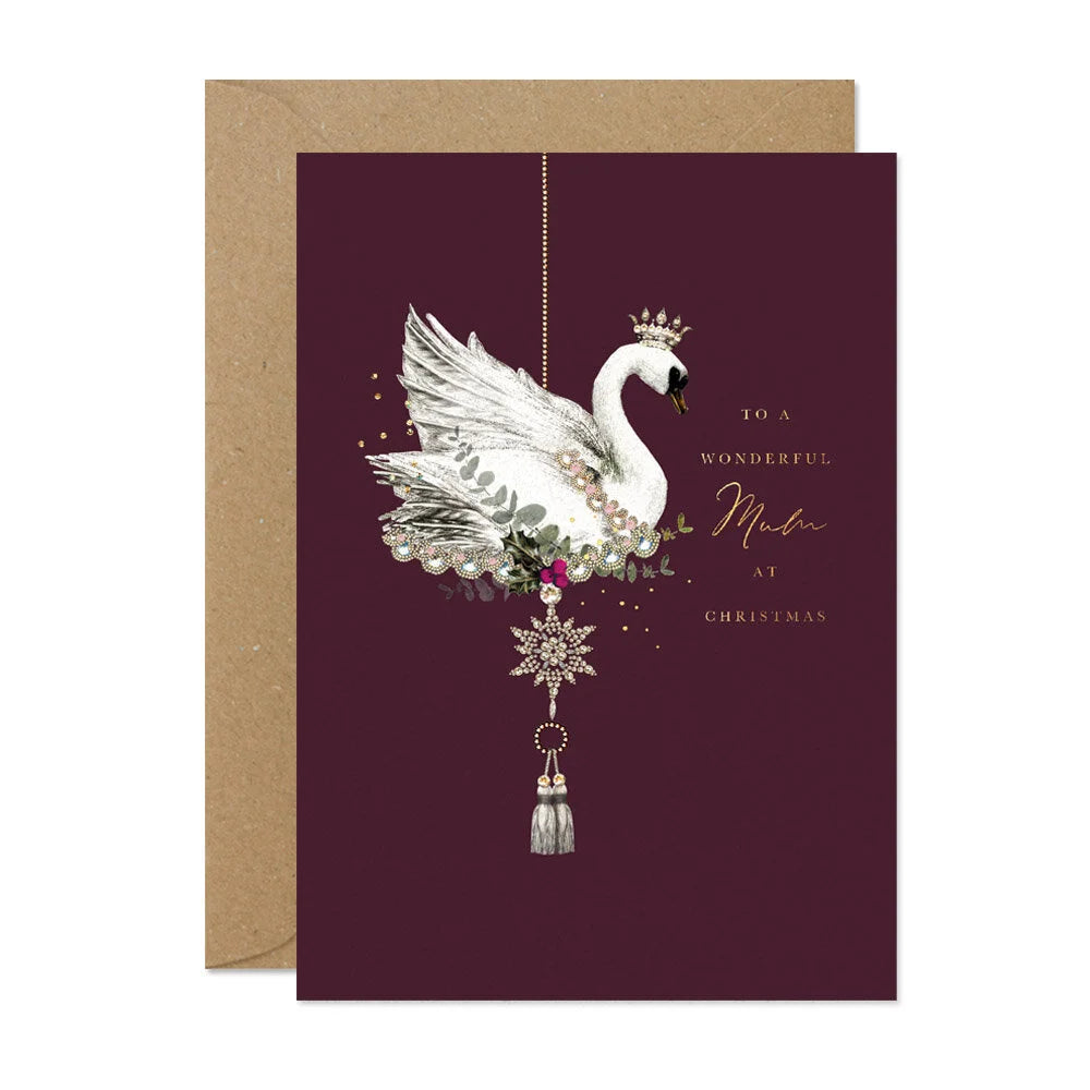Greeting card with a swan illustration and decorative elements on a purple background