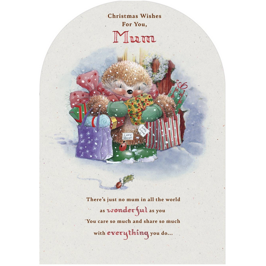 Christmas card with a teddy bear surrounded by presents and text 'Christmas Wishes For You, Mum'.