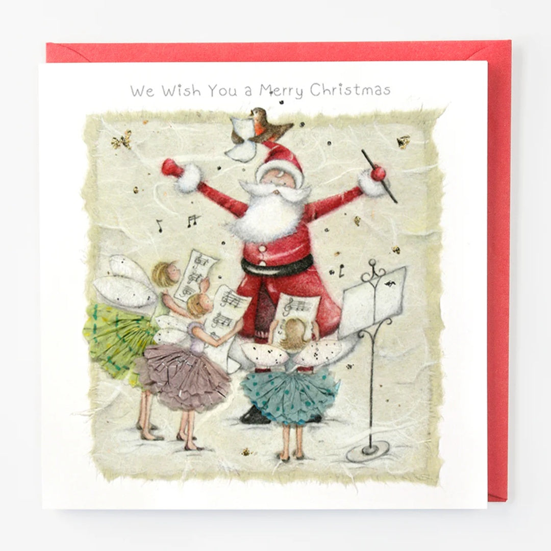 Christmas card with Santa Claus and children playing music, featuring a red border.