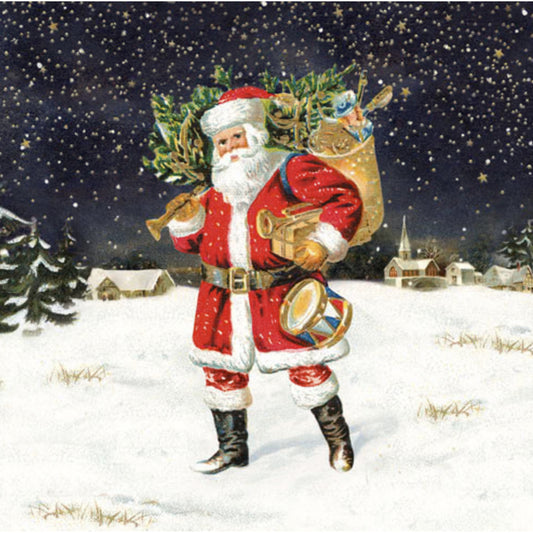Illustration of Santa Claus in a snowy landscape with a tree and sack.