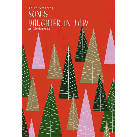 son and daughter in law card with christmas trees on red background