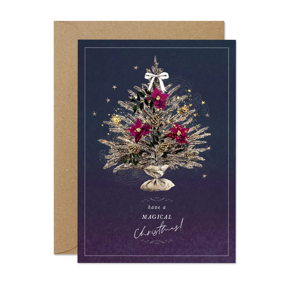 Greeting card with a Christmas tree design and 'have a magical Christmas!' text on a purple background.